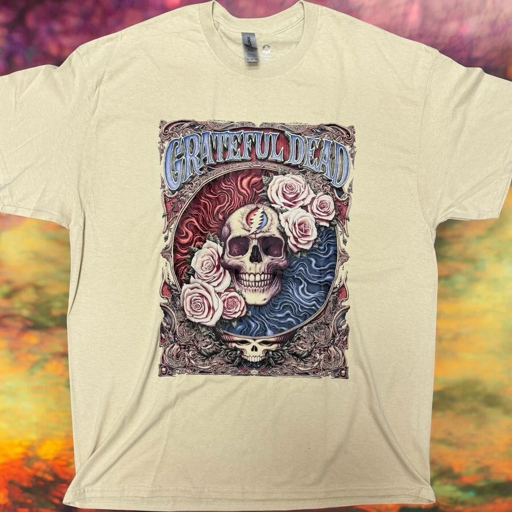 Grateful Dead T-Shirt XL Cream Skull & Roses 2018 Gildan Heavy Cotton‎ Men's Tee